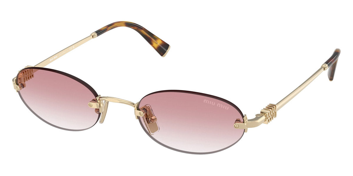 Miu Miu Sunglasses Pale Gold Red w/Purple Lens Zoomed into the Miu Miu oval glasses. The gentle arc of the  main image 3