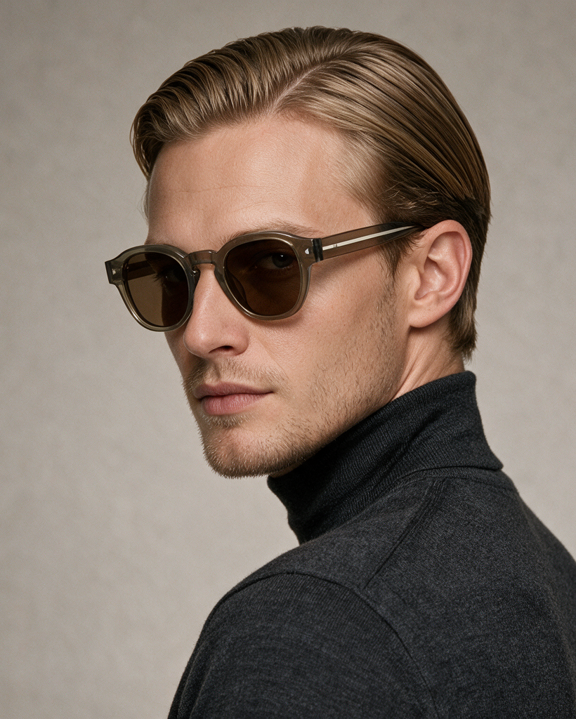 A man in profile wearing round sunglasses with translucent brown frames and dark lenses, paired with a dark charcoal turtleneck sweater, set against a textured light gray background.
