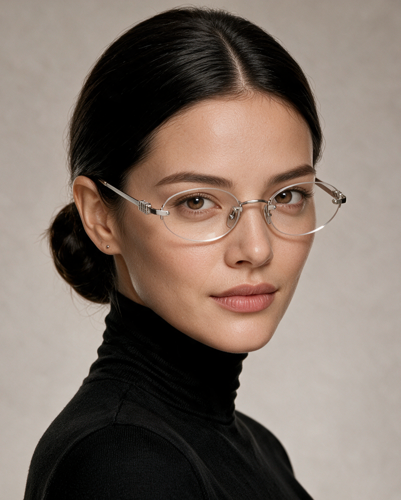A close-up portrait of a woman with dark hair in a low bun wearing thin metal eyeglasses with clear lenses and a black turtleneck against a neutral beige background.