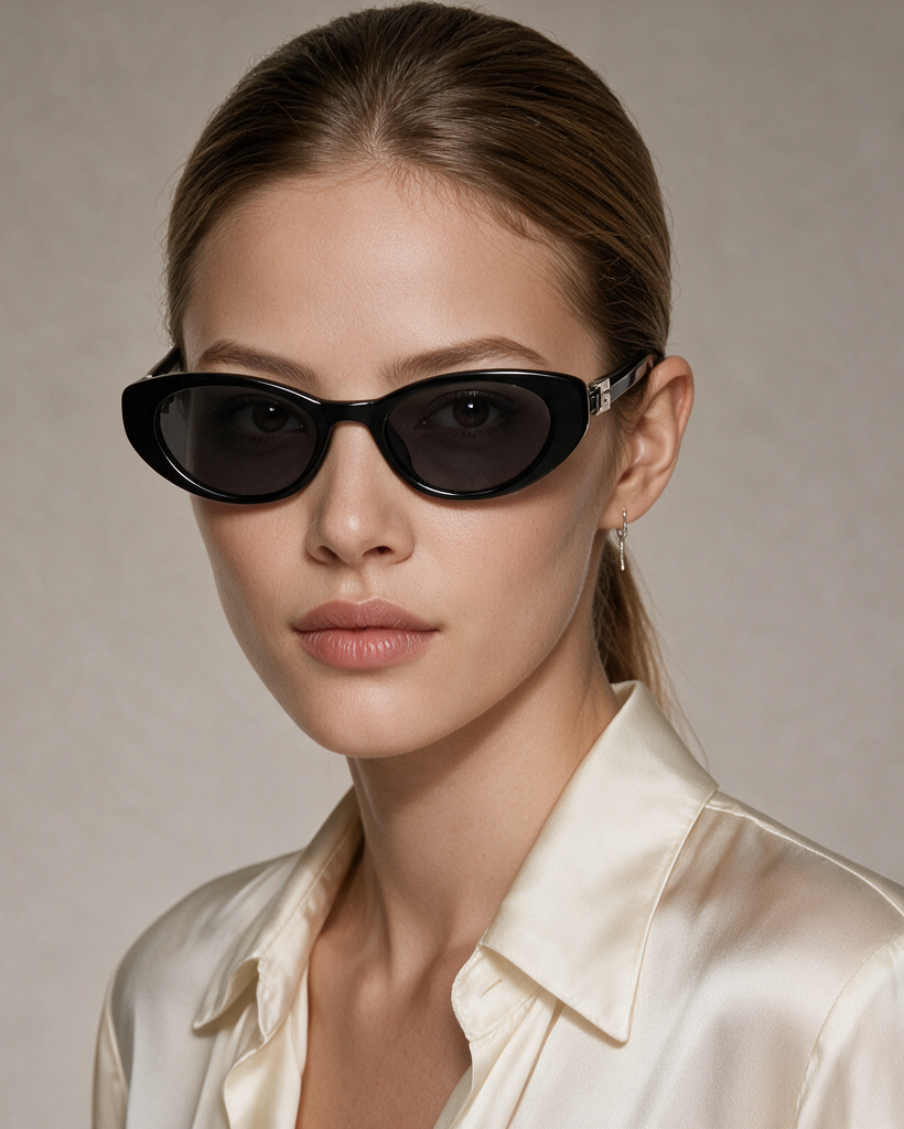 A close-up portrait of a woman wearing black cat-eye sunglasses and a cream satin collared blouse against a neutral textured beige background.