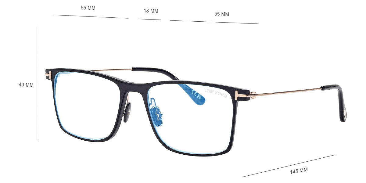 TOM FORD EYEGLASSES - FT5865-B 002 55 - Matte Black/Shiny Rose Gold/T Logo